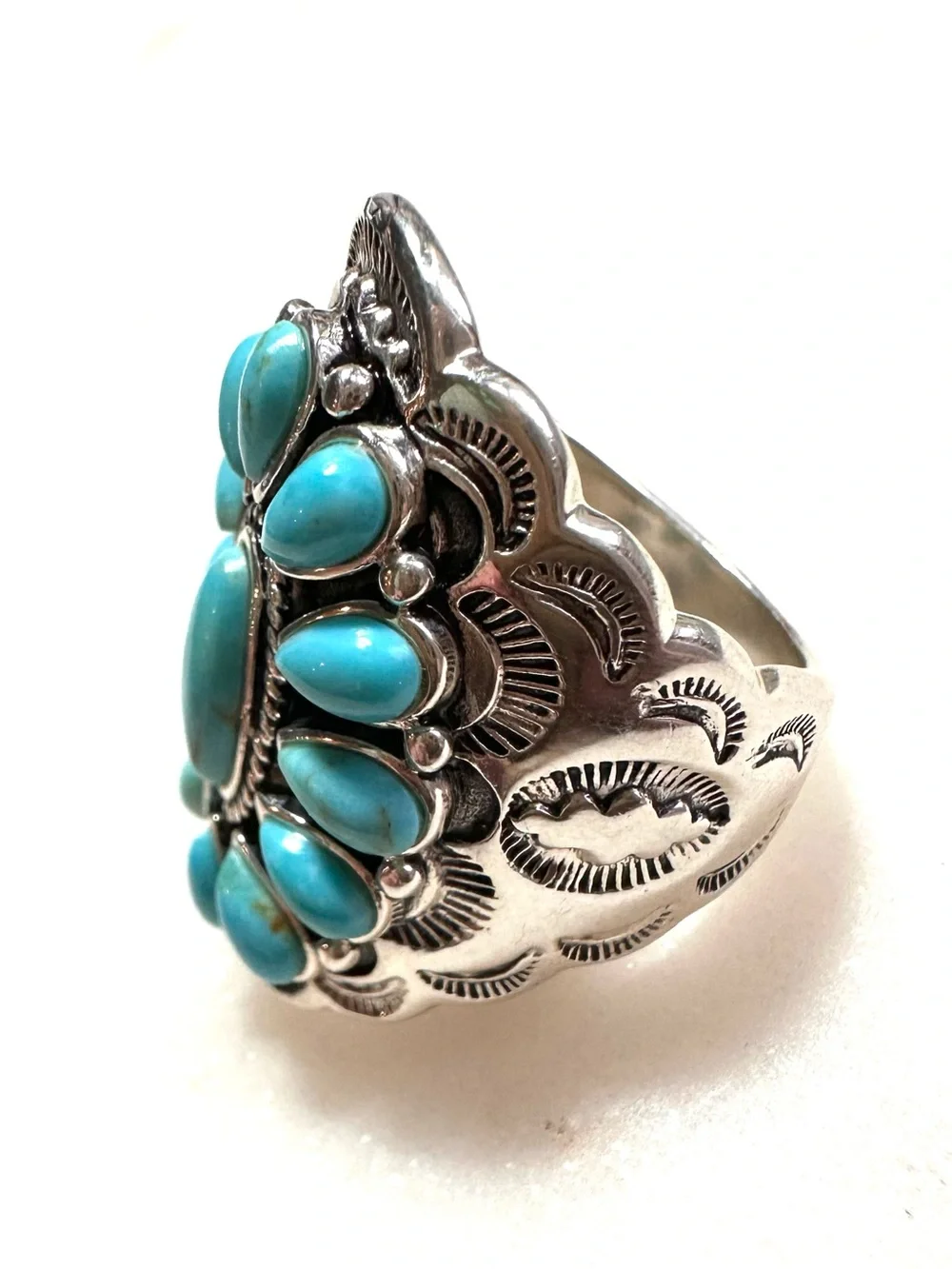 Turquoise Thai Hand-Embossed and Stamped Sterling Silver Cluster Statement Ring